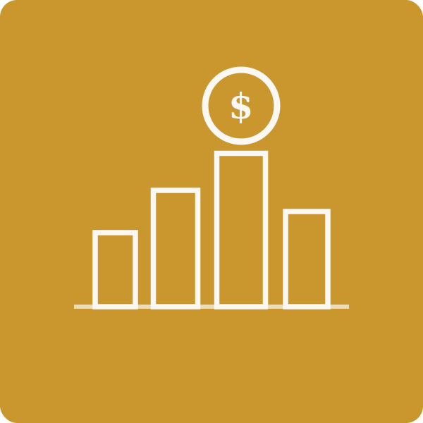 City skyline with a growth chart and coin icon, representing Wealth Development